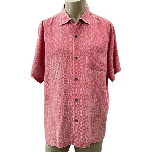 Tommy Bahama Silk Hawaiian Textured Button-Up Camp Shirt Short-Sleeve Red Men XL - Picture 1 of 12